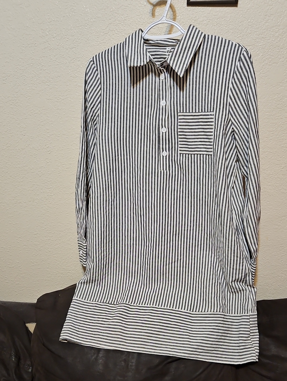 Black and White Striped Midi Shirt Dress with Chest Pocket